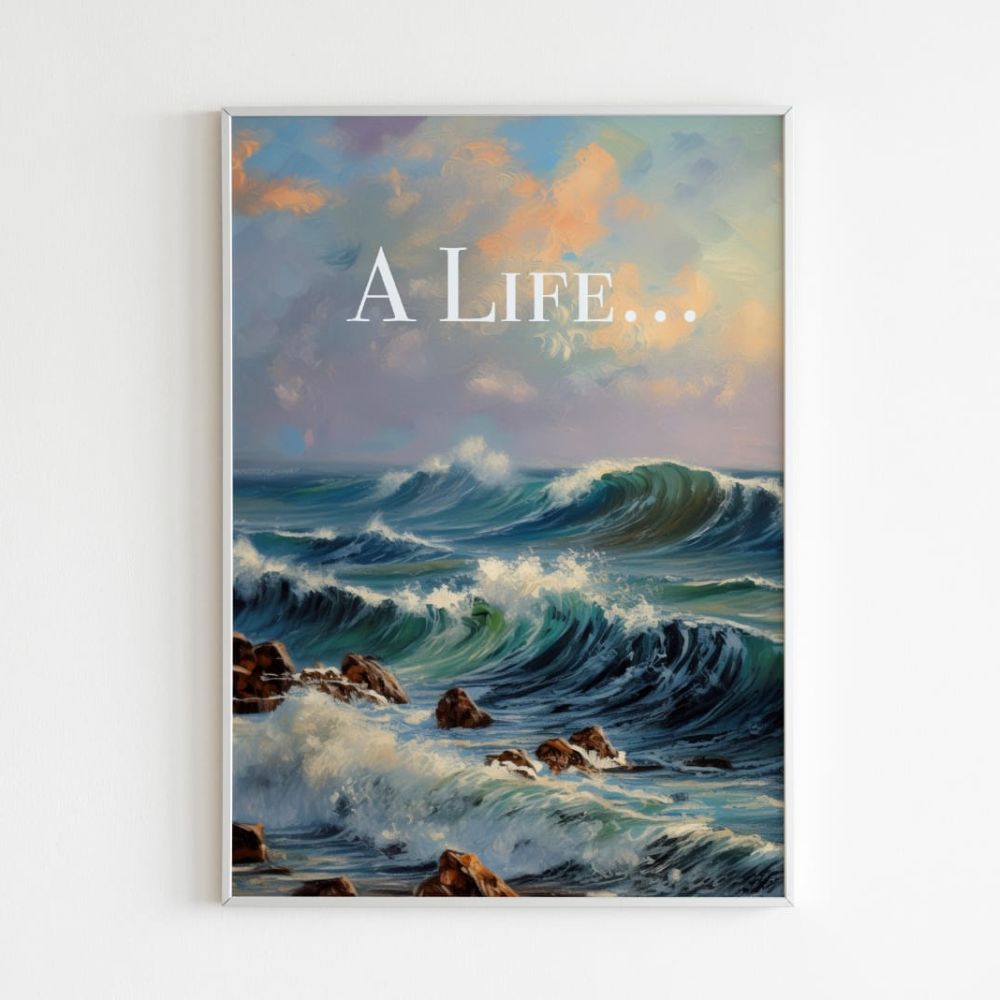 "A vibrant scene titled 'A Life' featuring a colorful cloud, a sea wave, and small stones in the sea, symbolizing human relationships, emotions, motivation, and positivity."