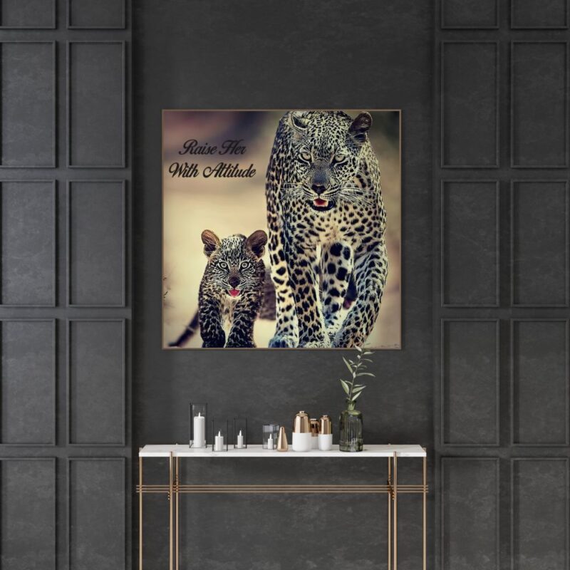 A striking image of a female panther nurturing her female cub, embodying strength and grace, symbolizing the essence of mother-daughter relationships and upbringing with dignity and attitude.