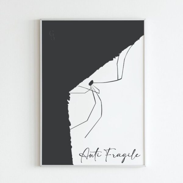 A delicate spider with long legs titled "anti-fragile," symbolizing the resilience and strength of human emotions, relationships, and the underestimated strength of women.