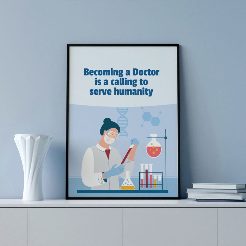 Becoming a Doctor is a Calling to Serve Humanity" surrounded by motivational elements.