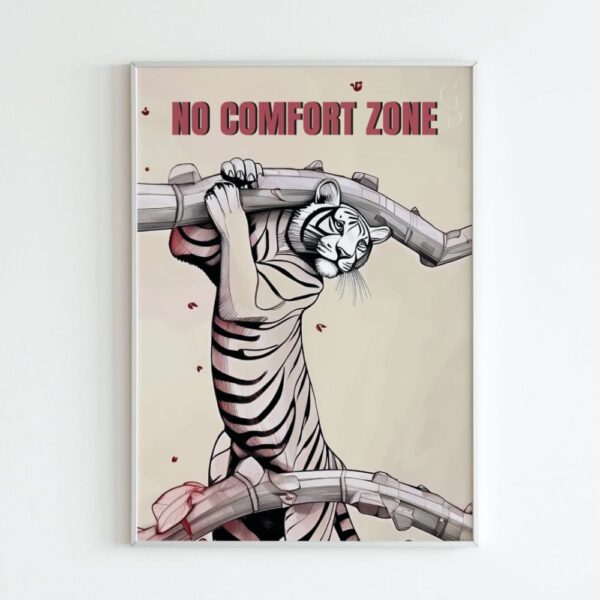 A tiger lifting a large tree branch in a symbolic representation of breaking out of the comfort zone to achieve goals.