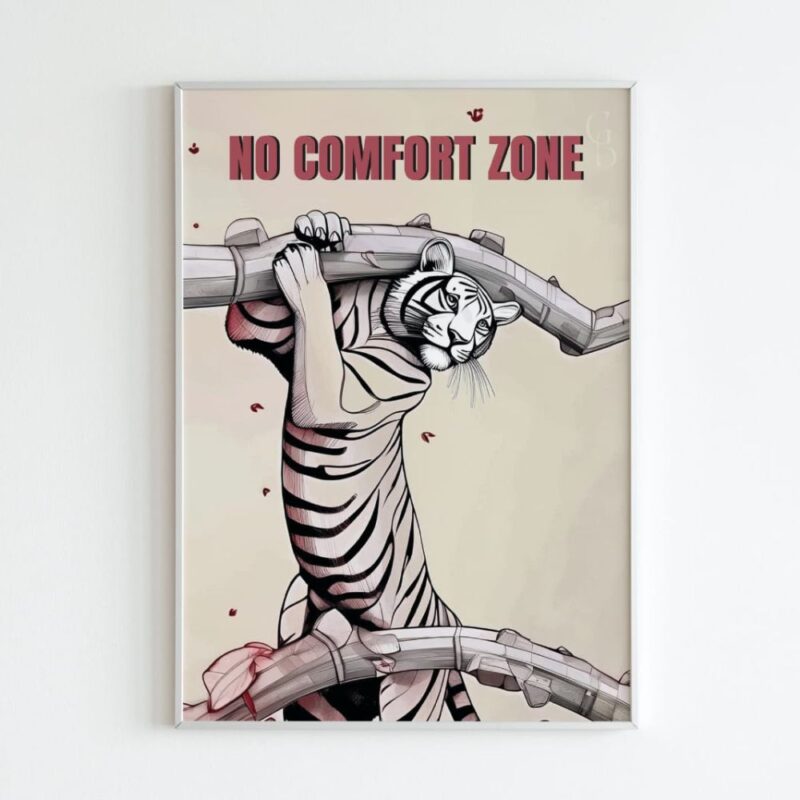 A tiger lifting a large tree branch in a symbolic representation of breaking out of the comfort zone to achieve goals.
