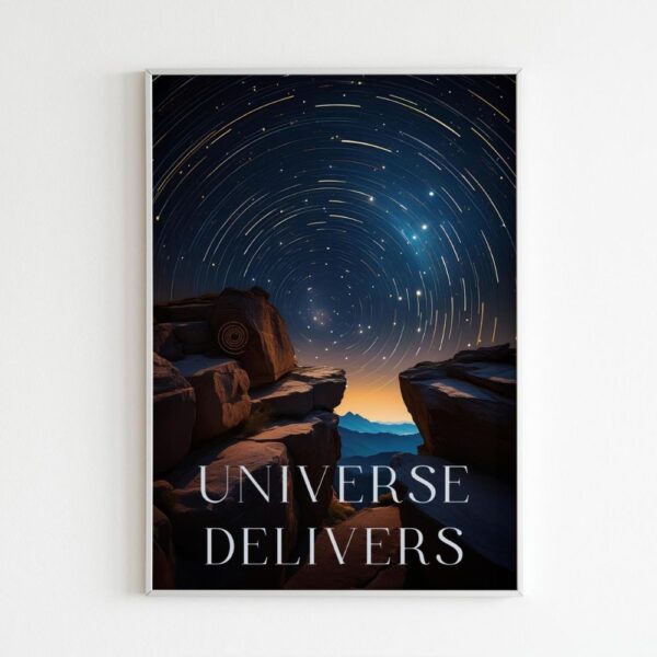 "Universe Delivers" image showcasing a cosmic aura in circles above rocky mountains, symbolizing manifestation and the delivery of human dreams.