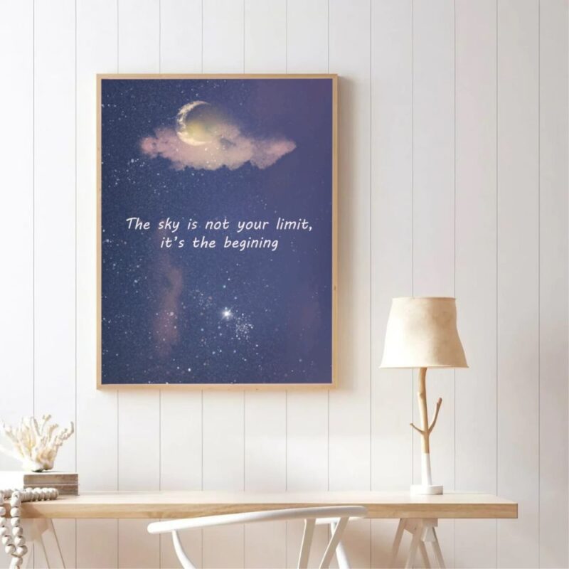 "Motivational wall art featuring a celestial scene with a cloud, crescent moon, and stars, with the quote 'The sky is not your limit, it's the beginning'.