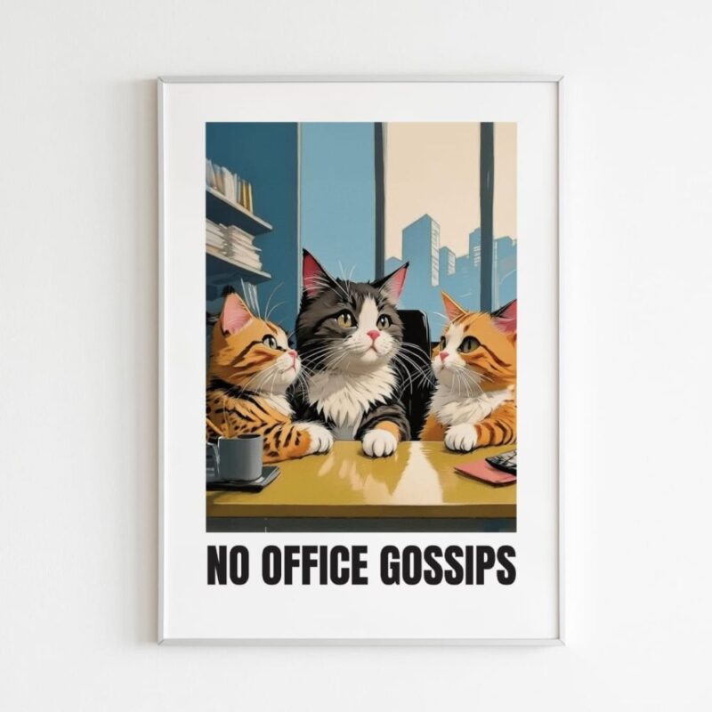 Cartoon cats gossiping with a "No Office Gossip" sign, perfect for office decor with a touch of humor.