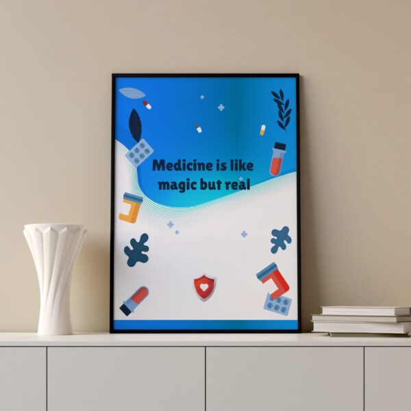 "An inspiring wall art celebrating the transformative power of medicine and the noble career of a doctor. The artwork features a compassionate doctor surrounded by symbolic representations of medical tools and healing symbols, illustrating medicine as a blend of science and magic that brings hope and healing to humanity."
