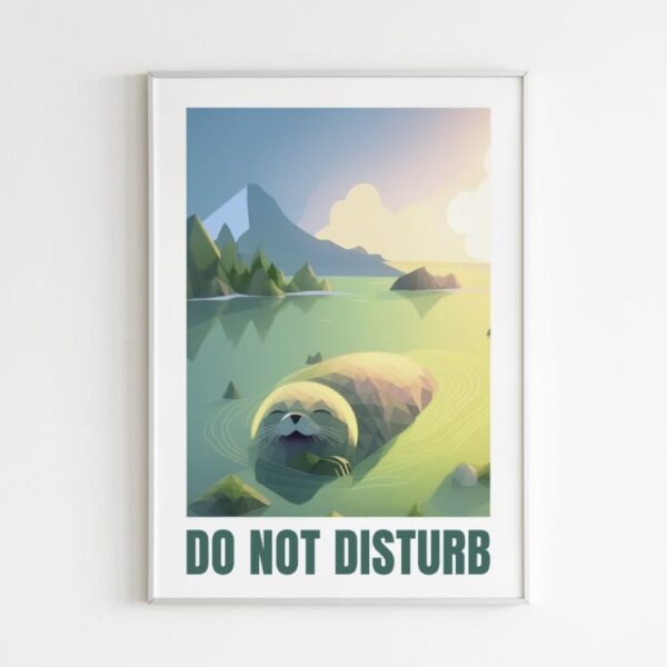Wall frame titled "Do Not Disturb" for a boss's office, showing a seal sleeping in tranquil waters during sunset with mountains in the background.Wall frame titled "Do Not Disturb" for a kid's room, depicting a seal sleeping in calm waters with a sunset and mountains in the background.