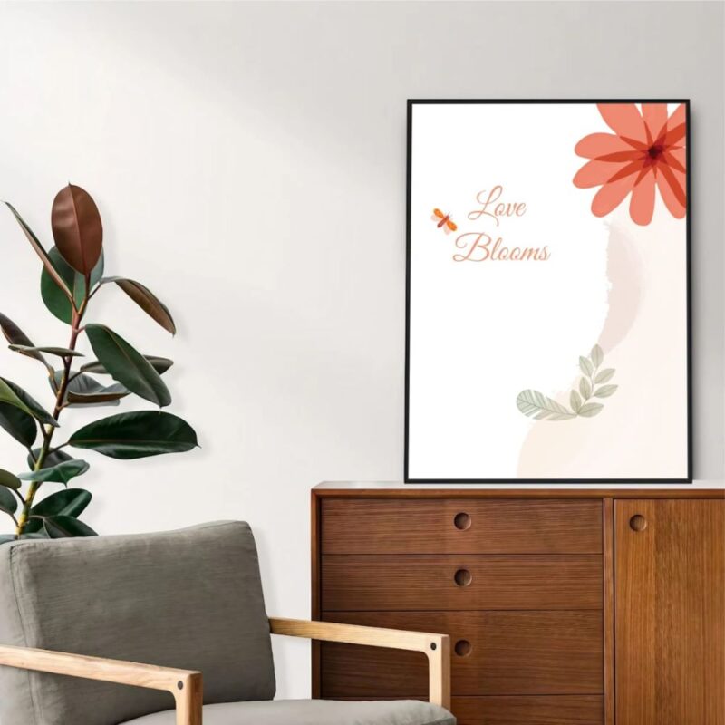 Wall frame showing a flower bud evolving into a vibrant flower, symbolizing love and personal growth.