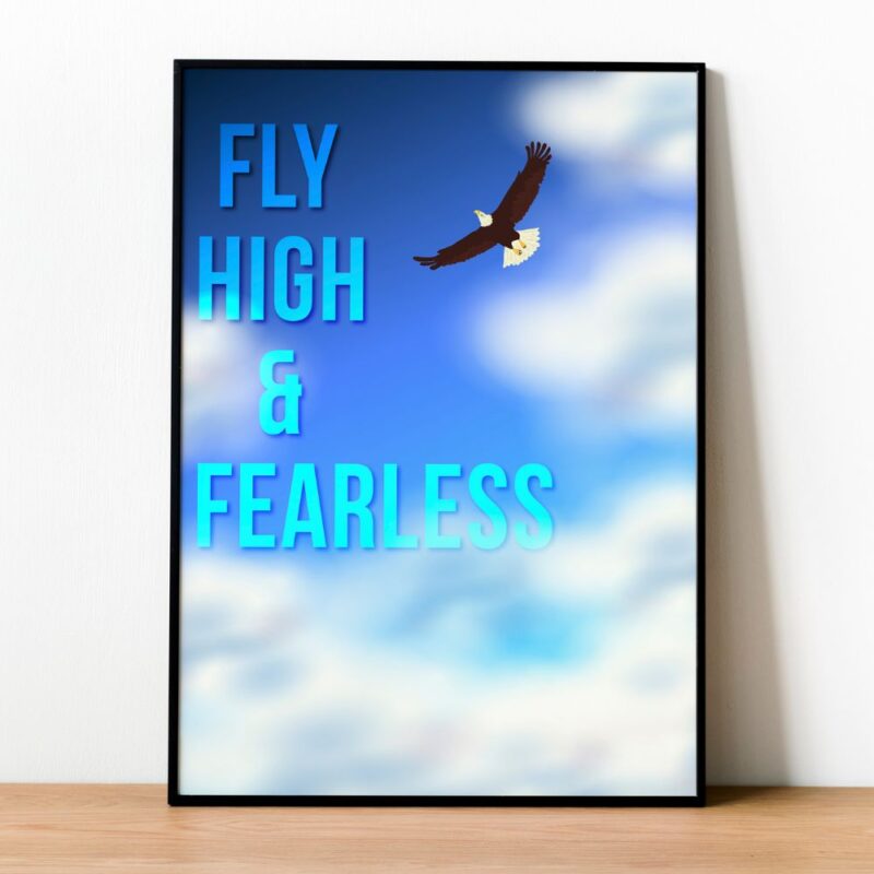 A motivational wall art with the message "Believe in your wings and reach for the stars" featuring a pair of elegant wings against a serene background, symbolizing human potential and aspiration.