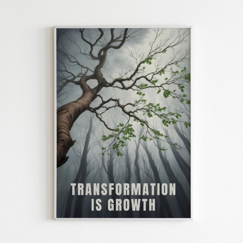 A bare tree with sunlight filtering through, new leaves budding on branches, against a blue sky. Wall frame reads "Transformation is Growth". Metaphor for stepping out of comfort zones for personal growth.