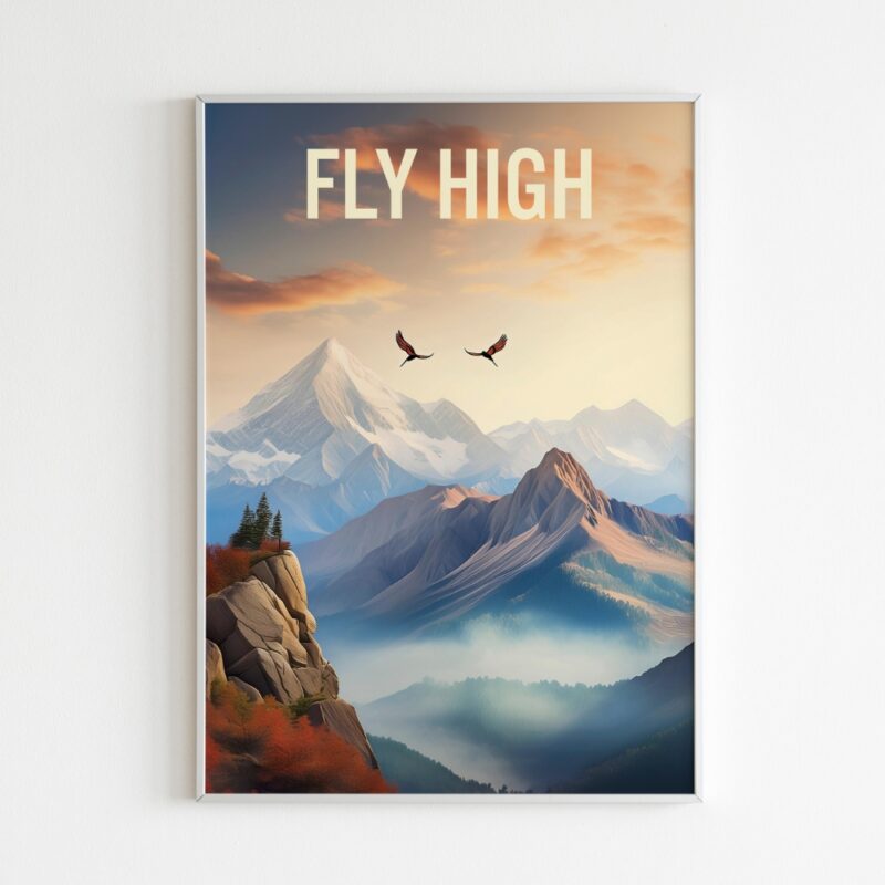 Fly High motivational wall frame featuring two birds soaring over majestic mountain peaks, ideal for adding an inspiring touch to any home or office decor."Content Description for Each Entry:Best Wall Frames for Home: