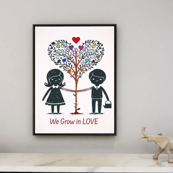 A framed artwork showing a heart-shaped tree with a couple pouring love into its roots, symbolizing growth and deepening of their relationship. Titled "We Grow in Love."