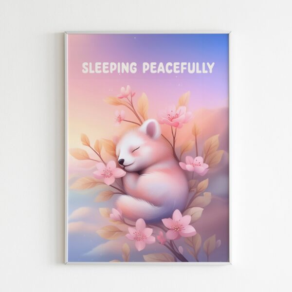 "Sleeping Peacefully wall frame featuring a serene bear illustration among cherry blossoms, perfect for home decor. Economically priced, suitable for luxury homes, and promoting relaxation and positivity."