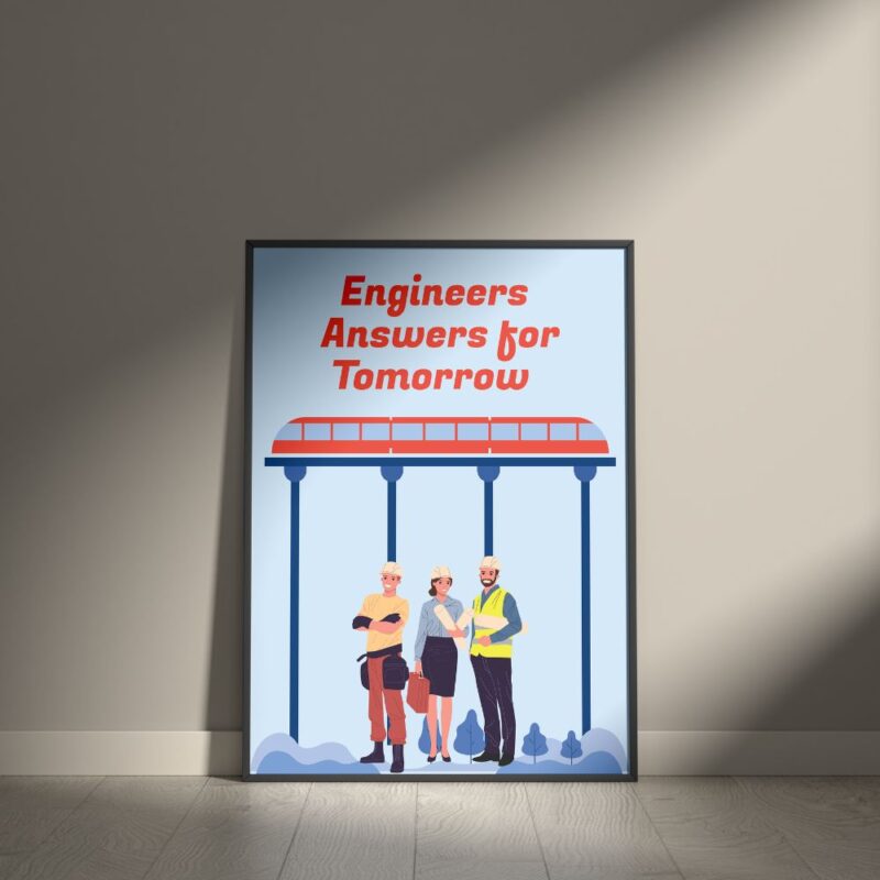 Wall frame titled 'Engineers Answers for Tomorrow' from Wall of Impact, designed to inspire engineering students and professionals. A modern and dynamic design highlighting innovation and creativity, ideal for aspiring engineers and corporate environments involved in engineering.