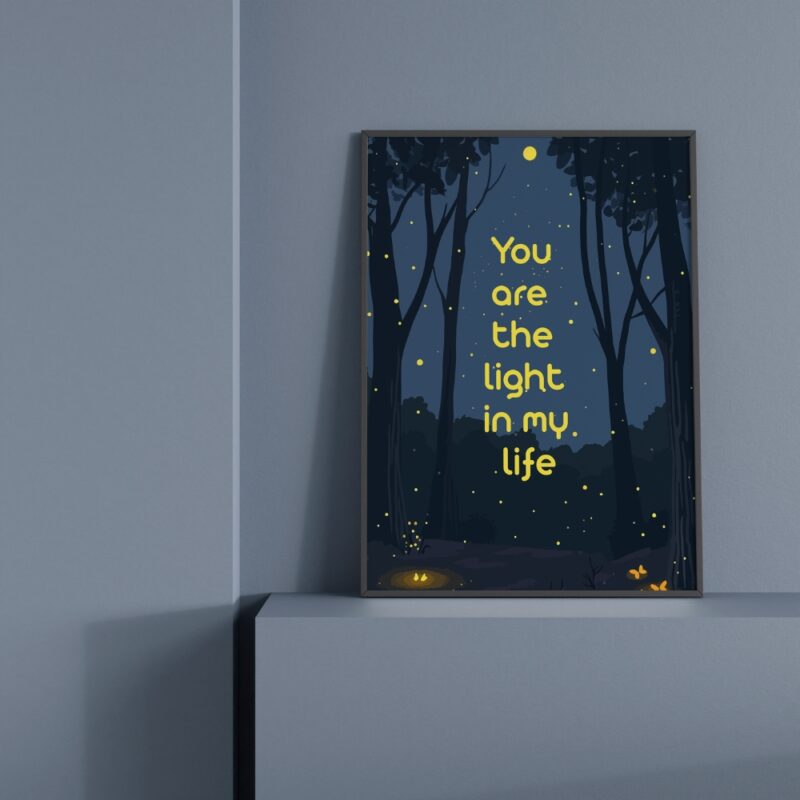 "You are the light in my life" - A motivational wall frame featuring a dark background with trees and glowing stars, perfect for home decor, available in both economic and luxury options.