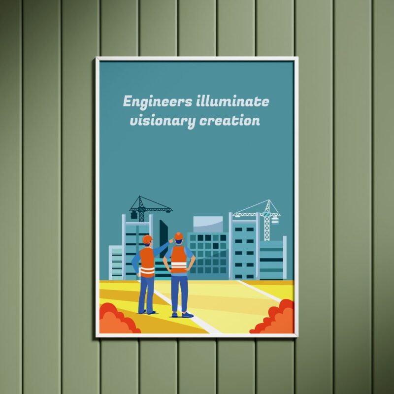 "Wall frame from Wall of Empire with the inspirational title 'Engineers Illuminate Visionary Creation,' ideal for engineering corporate offices and motivating future engineers."