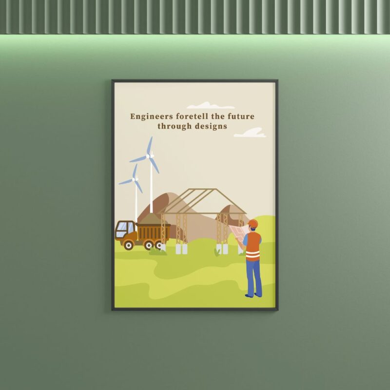 Engineers Foretell the Future Through Design" motivational wall art for engineers, students, and corporate offices.