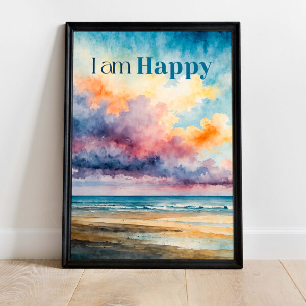 A framed artwork featuring a vibrant, colorful sky over an ocean scene, with the words "I am Happy" prominently displayed in the sky portion. The painting combines hues of blue, orange, pink, and purple to create a serene and uplifting atmosphere. Ideal for adding a touch of positivity to any space. Includes information on wall frames, the best wall frames for a home, wall frames with economic prices, wall frames for a luxury house, motivational wall frames and images, and self-healing wall frames and images.
