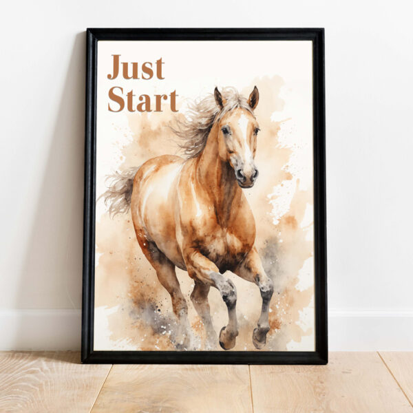 : A framed art print featuring a powerful running horse with the motivational text "Just Start" in bold letters. Ideal for home decoration, available in economic and luxury options.
