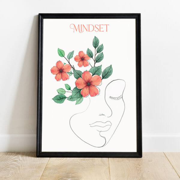 Black-framed wall art featuring a minimalist line drawing of a face with eyes closed, adorned with red flowers and green leaves. The word "Mindset" is written at the top, emphasizing a positive and motivational theme.