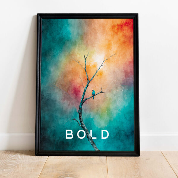 Framed wall art featuring a vibrant abstract background with green and orange hues, a solitary bird on a branch, and the word 'BOLD' at the bottom. Ideal for adding a pop of color and motivation to home or luxury spaces.