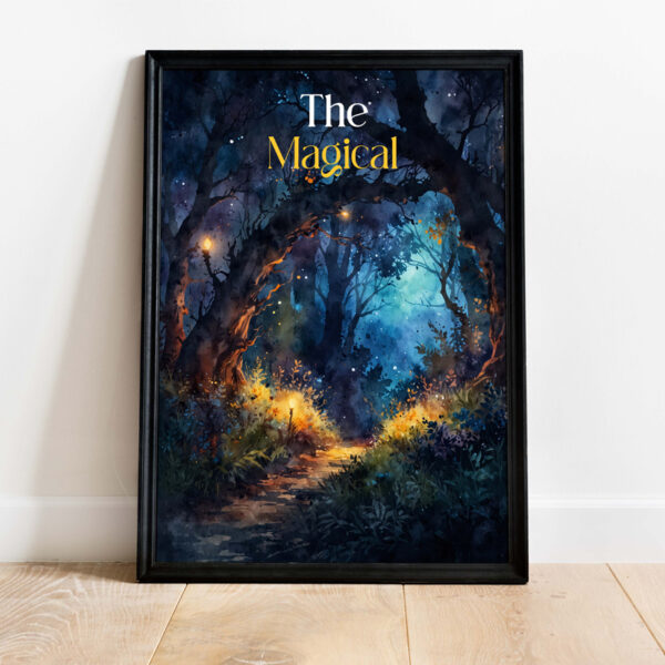 Framed artwork titled 'The Magical' featuring a vibrant, mystical forest scene with glowing lights and a path, perfect for home decor, motivational, luxury house, self-healing, and economically priced wall frames."SEO Description:"Discover the best wall frames for your home, including motivational, luxury house, and self-healing themes. Explore our collection of economically priced wall frames that add elegance and inspiration to any space. Featured artwork: 'The Magical' - a captivating forest scene with enchanting lights.